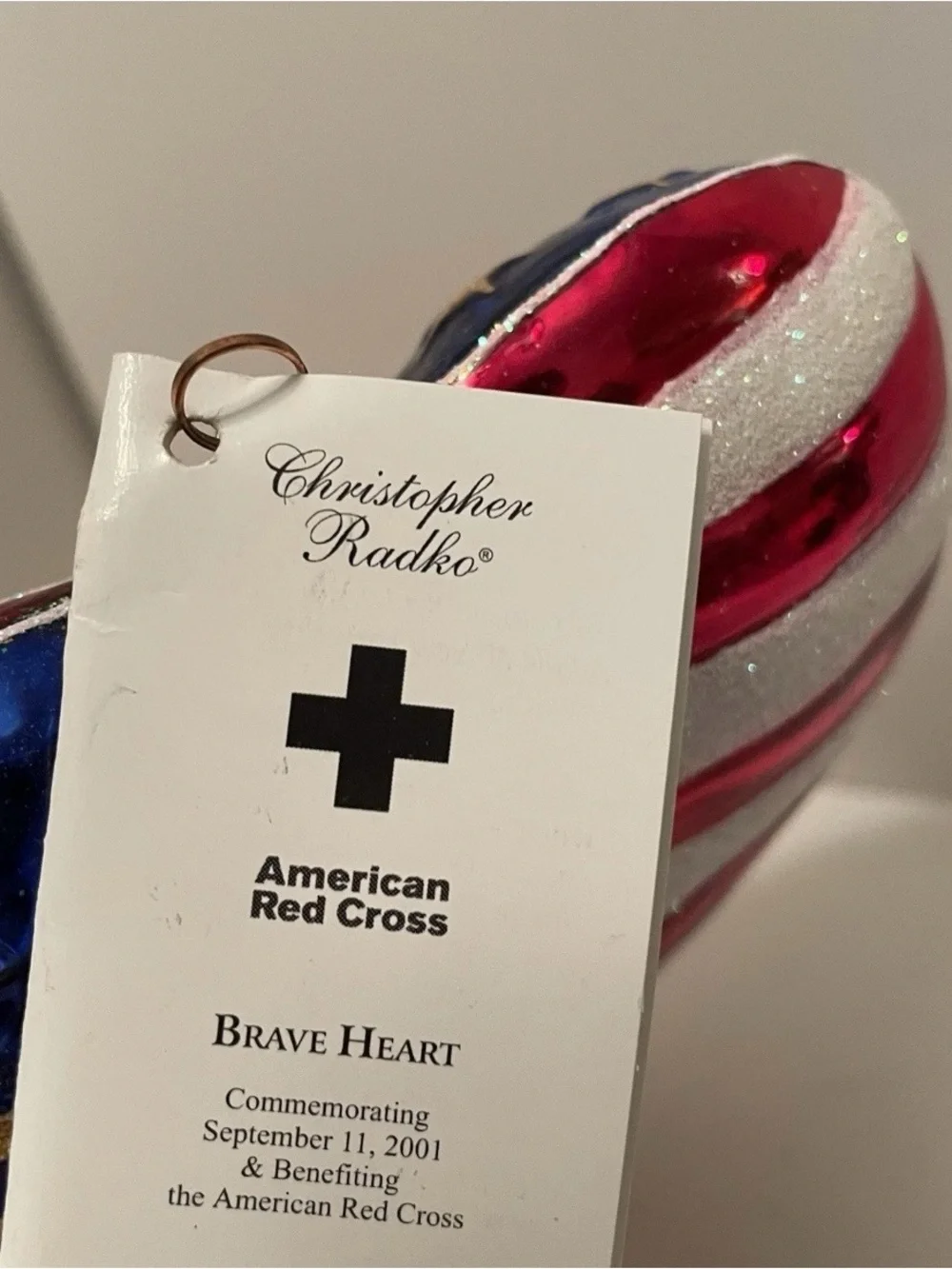 Vtg Christopher Radko Brave Heart Red Cross 9/11 Ornament 4.5” USA Flag Retired